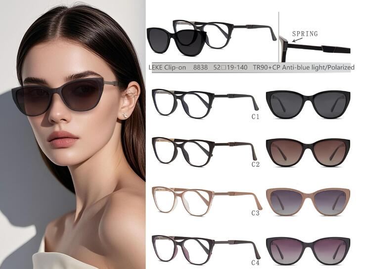 Plastic TR90+CP eyeglasses frame with blue ray cut protection, with spring hinges + sun protection polarized clip-on Leke LK8838