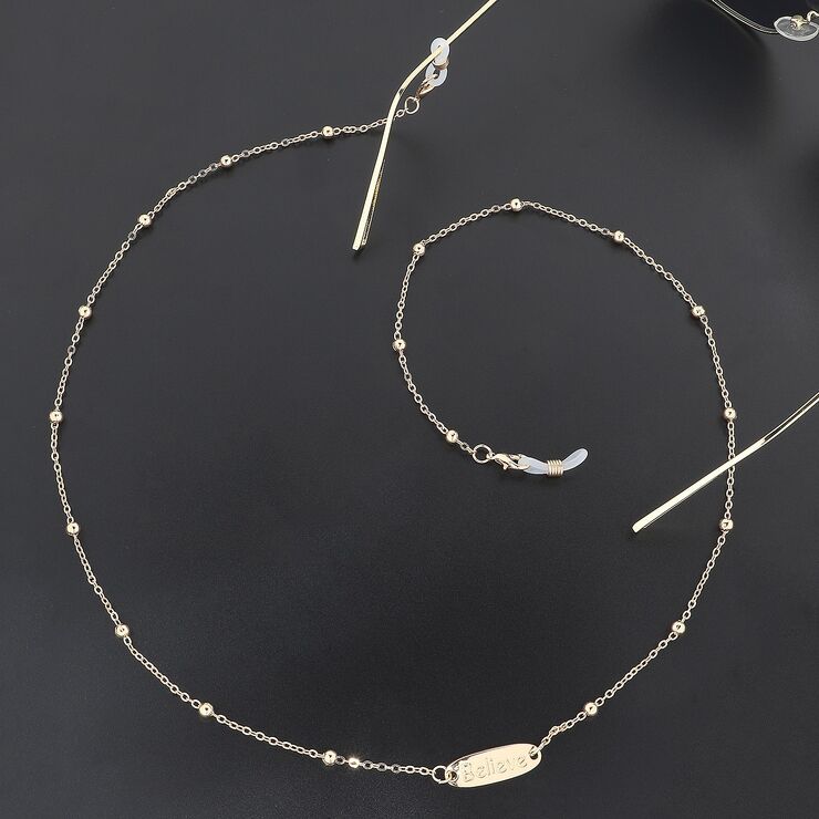 Gold-colored metal non-slip chain, with pendant Believe and beads, for glasses and masks GL386