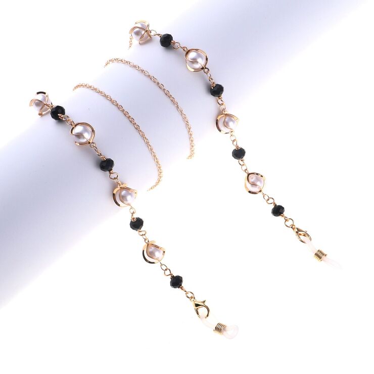 Gold-colored metal non-slip chain, with pearl and crystal, for glasses and masks GL852