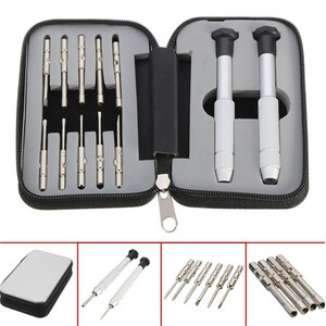 A set of mini-screwdrivers in a metal case with two holders and 10 nozzles for repairing glasses No. 2 to the optician to the