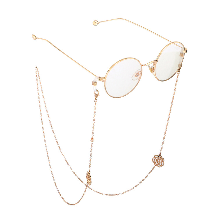 Gold-colored metal non-slip chain, with rose, for glasses and masks GL665