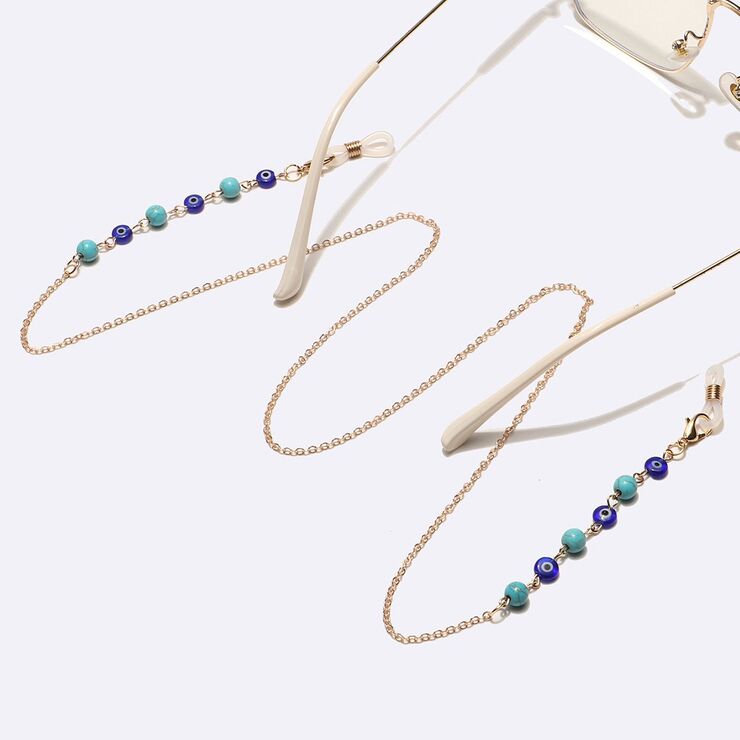 Металлическая нескользящая цепочка золотого цвета, с бирюзовыми бусинами и глазами, для очков и масок GL1735