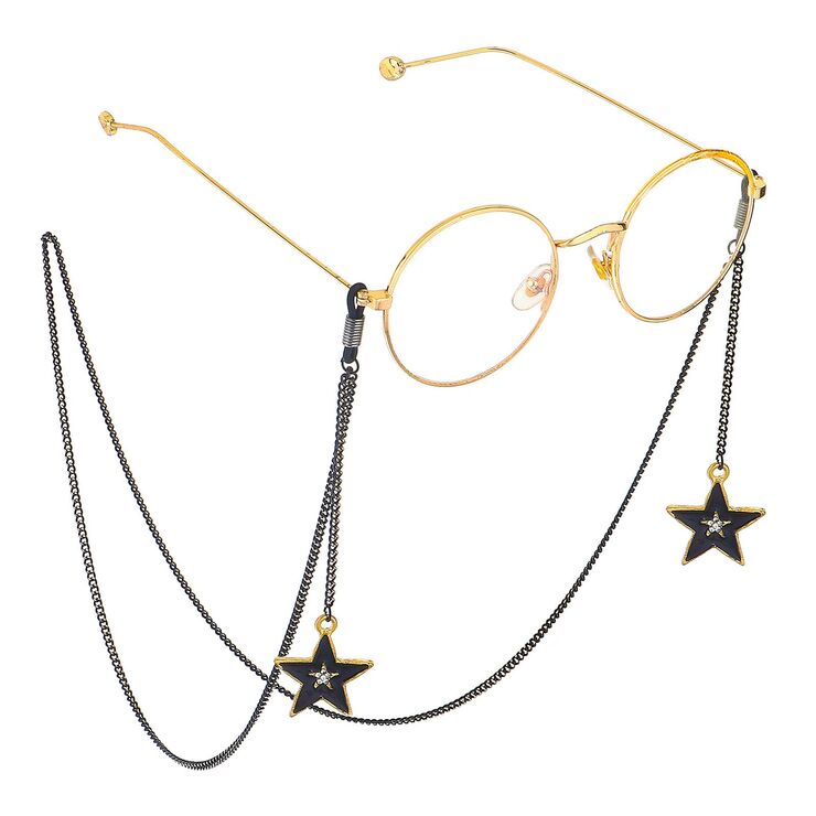 Black-colored metal non-slip chain, with pendant star with rhinestones, for glasses and masks GL676
