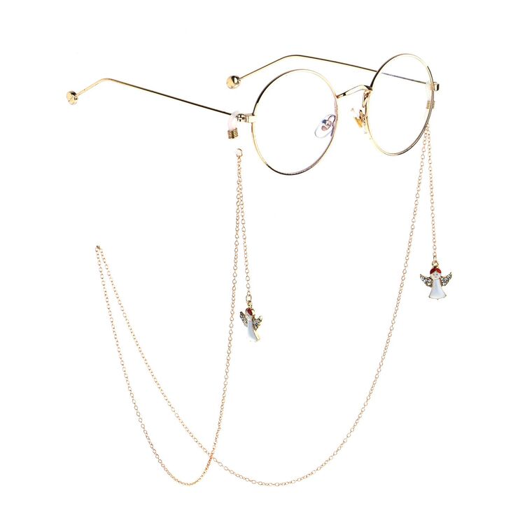 Gold-colored metal non-slip chain, with pendant angel and rhinestone, for glasses and masks GL811