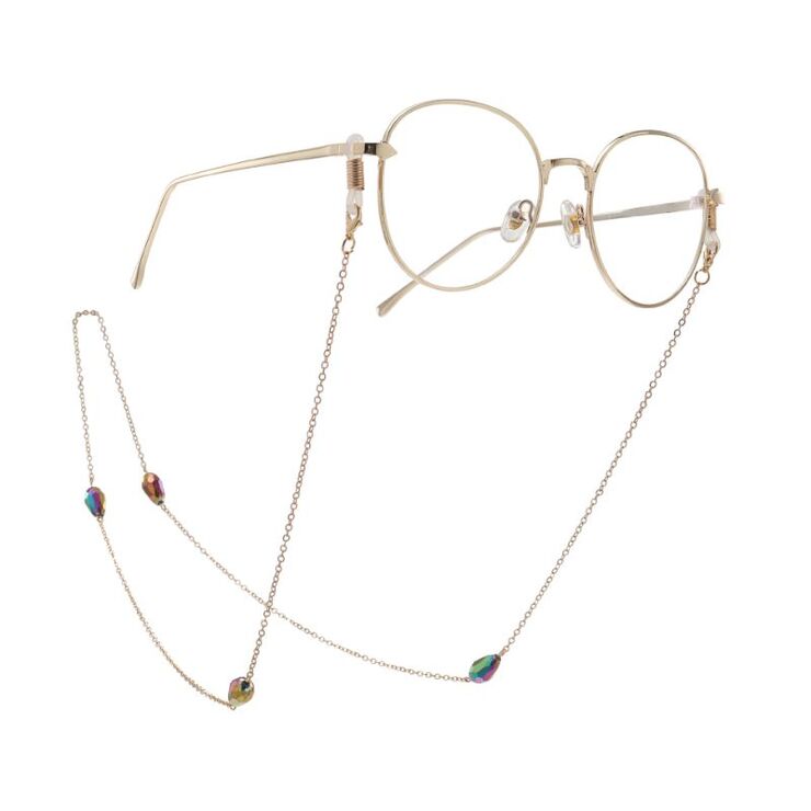 Gold-colored metal non-slip chain, with crystal beads in the form of multi colored water droplets, for glasses and masks GA069
