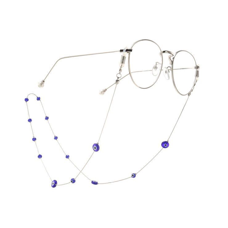 Silver-colored metal non-slip chain, with blue eye beads, for glasses and masks GA053