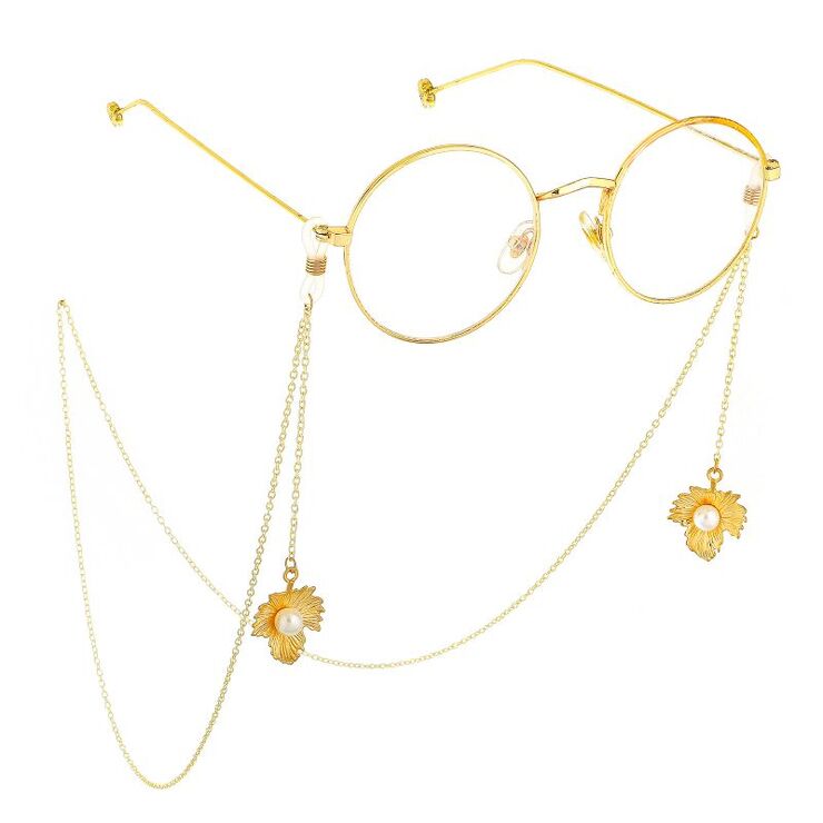 Металлическая нескользящая цепочка золотого цвета, с подвеской в виде кленового листа с жемчужиной, для очков и масок GL727