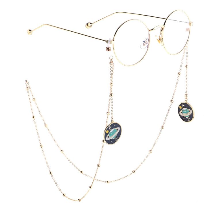 Gold-colored metal non-slip chain, with pendant planet and beads, for glasses and masks GL805
