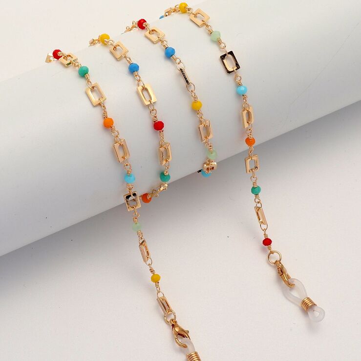 Gold-colored metal non-slip chain, with rectangular and colored crystal, for glasses and masks GL1858