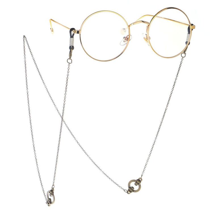 Bronze-colored metal non-slip chain, with double skull, for glasses and masks GL128
