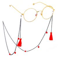 Black-colored metal non-slip chain, with red tassel and crystal, for glasses and masks GL503