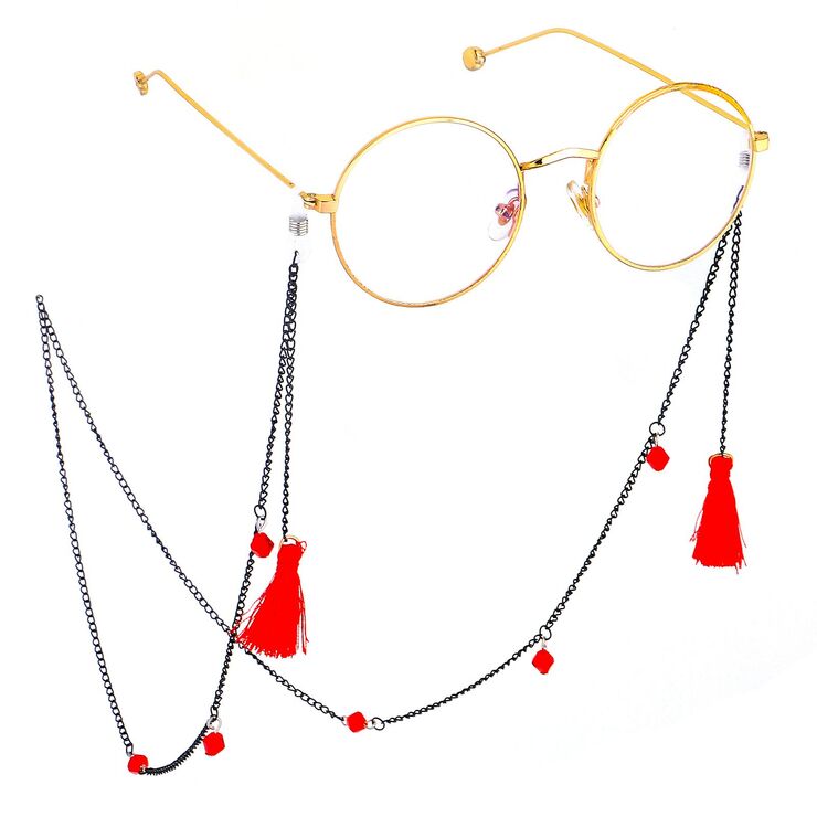 Black-colored metal non-slip chain, with red tassel and crystal, for glasses and masks GL503