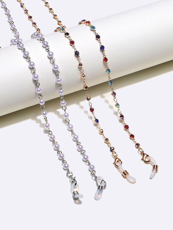 Металлическая нескользящая цепочка золотая и серебряная, комплект из 2 цепочек с жемчугом и стразами , для очков и масок GM131