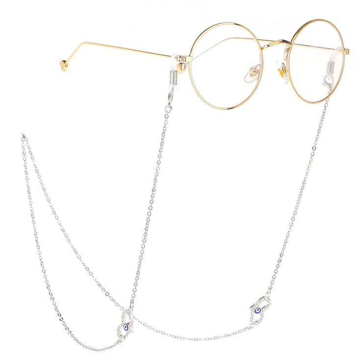 Silver-colored metal non-slip chain, with heart and rhinestone, for glasses and masks GL230