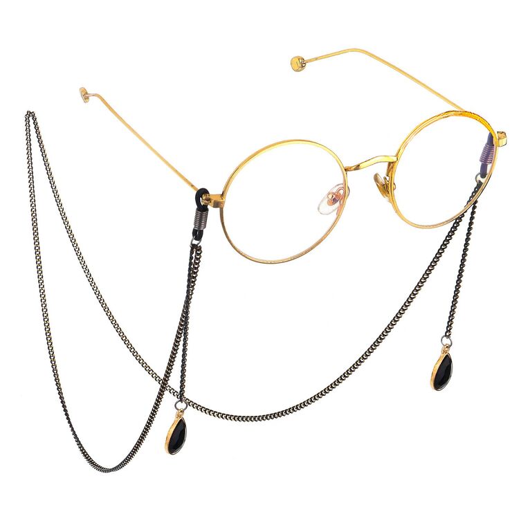 Black-colored metal non-slip chain, with pendant crystal water drop, for glasses and masks GL598