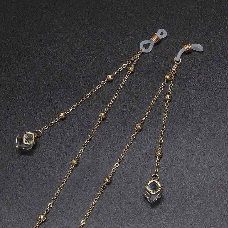 Gold-colored metal non-slip chain, with pendant crystal and beads, for glasses and masks GL550