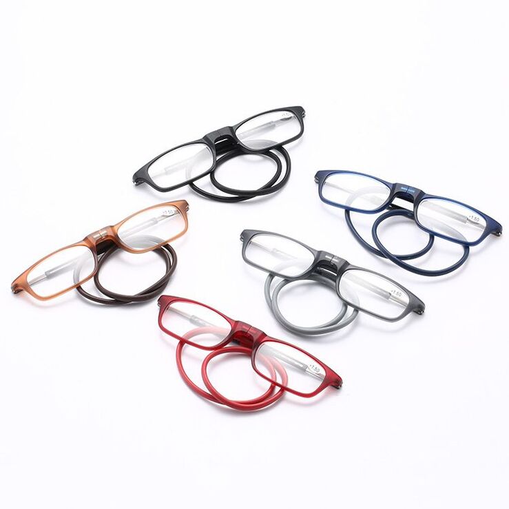 Plastic reading pince-nez glasses folding with magnetic 小框挂脖, diopters from +1.00 to +4.00, RMC=62-64