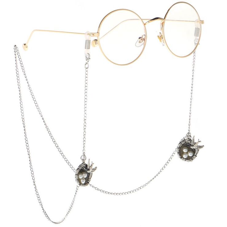 Silver-colored metal non-slip chain, with bird's nest and pearls, for glasses and masks GL056