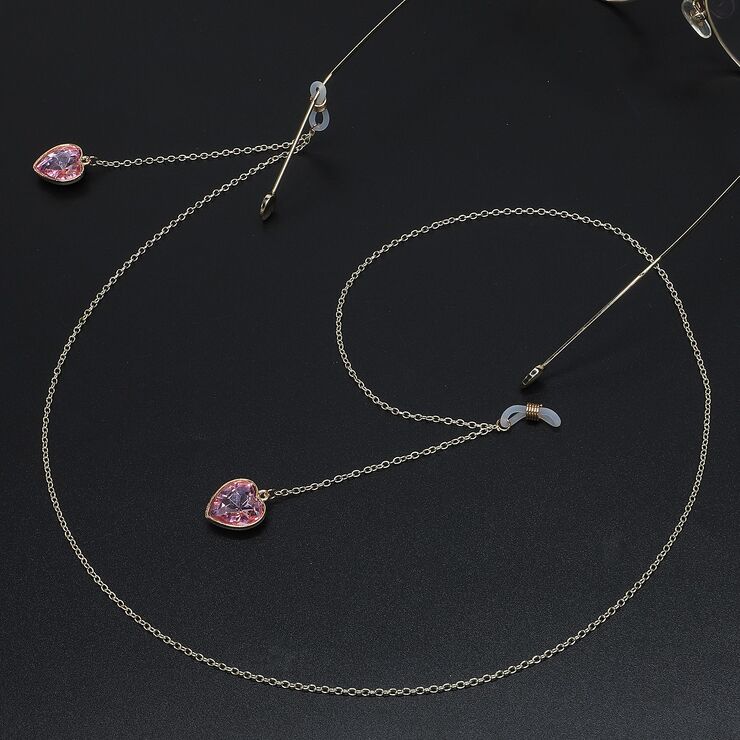 Gold-colored metal non-slip chain, with pendant crystal heart, for glasses and masks GL568
