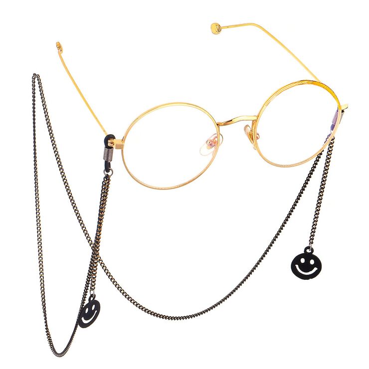 Black-colored metal non-slip chain, with pendant smiley face, for glasses and masks GL542