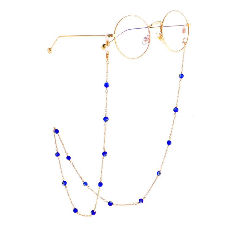 Gold-colored metal non-slip chain, with blue eye beads, for glasses and masks GL874
