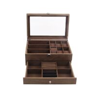 Glasses, frames and accessories holder display with cover and drawer, 3 places for glasses, brown