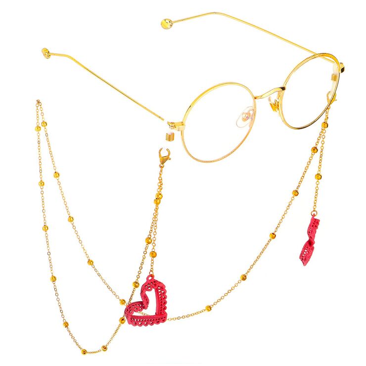 Gold-colored metal non-slip chain, with pink heart and beads, for glasses and masks GL666