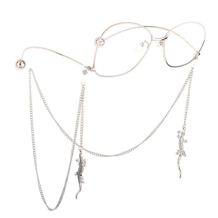 Silver-colored metal non-slip chain, with gecko pendant, for glasses and masks GL589