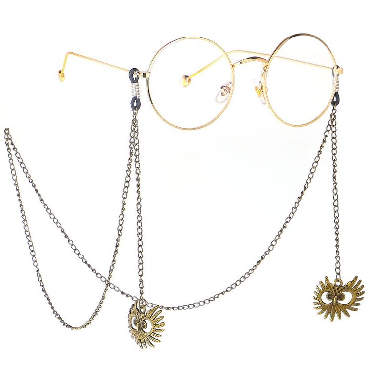 Bronze-colored metal non-slip chain, with owl pendant, for glasses and masks GL204