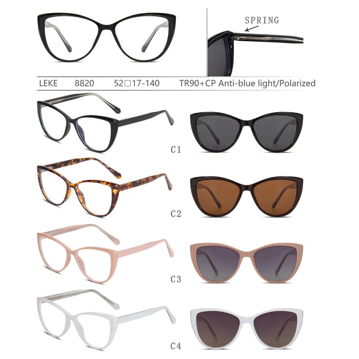 Plastic TR90+CP eyeglasses frame with blue ray cut protection, with spring hinges + sun protection polarized clip-on Leke LK8820