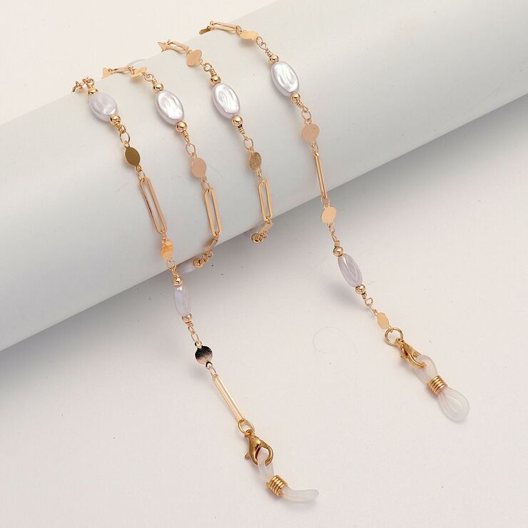 Металлическая нескользящая цепочка золотого цвета, с овальными жемчужинами, для очков и масок GL1865