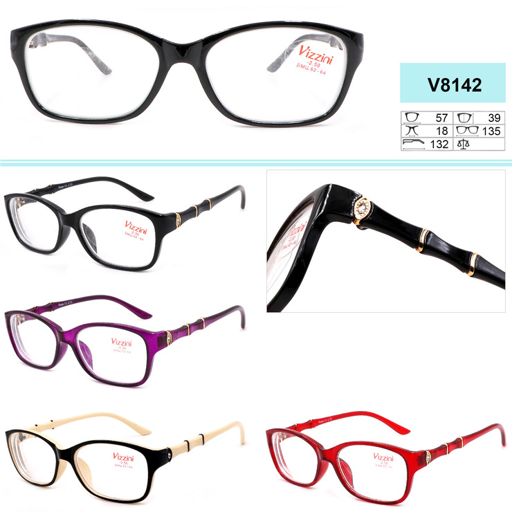 Plastic frame glasses VIZZINI V8142 have high diopters +0.75 to +4,00 (step 0,25); -1,00 -8,00 to (step 0,5) with white and colored lenses