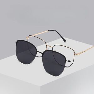 Metal Blue Ray Cut protection cat-eye frame with spring hinges + magnet sunshade clip-on 7019-GT
