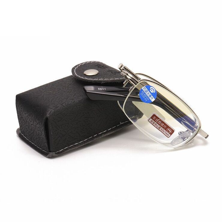 Folding nylor metal reading glasses 8851 with Blue ray cut protection with case, diopters from +1.00 to +4.00, RMC=62-64