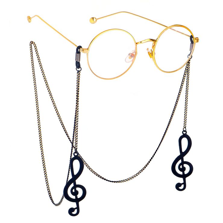 Black-colored metal non-slip chain, with pedant large musical note, for glasses and masks GL496