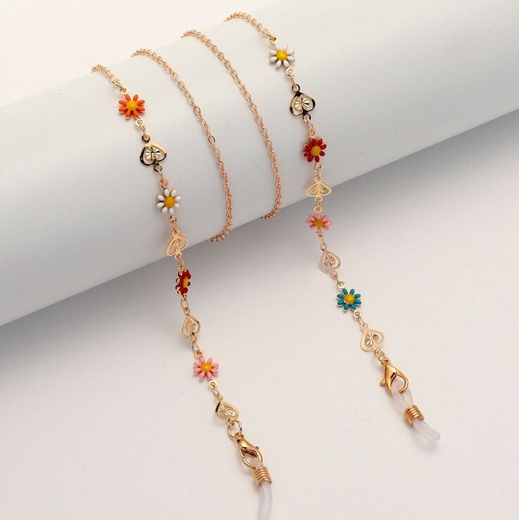 Gold-colored metal non-slip chain, with colorful daisy and hollow heart, for glasses and masks GL1855