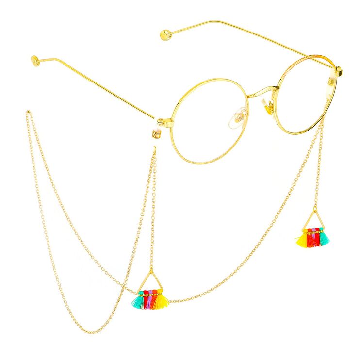 Gold-colored metal non-slip chain, with pendant triangle with colorful tassel, for glasses and masks GL712