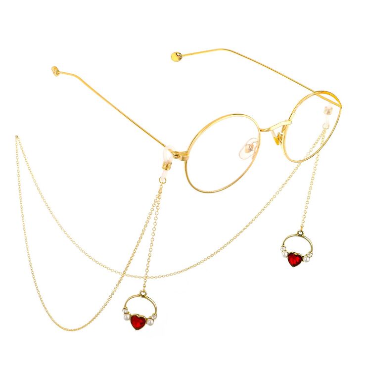 Gold-colored metal non-slip chain, with pendant heart with pearl, for glasses and masks GL570