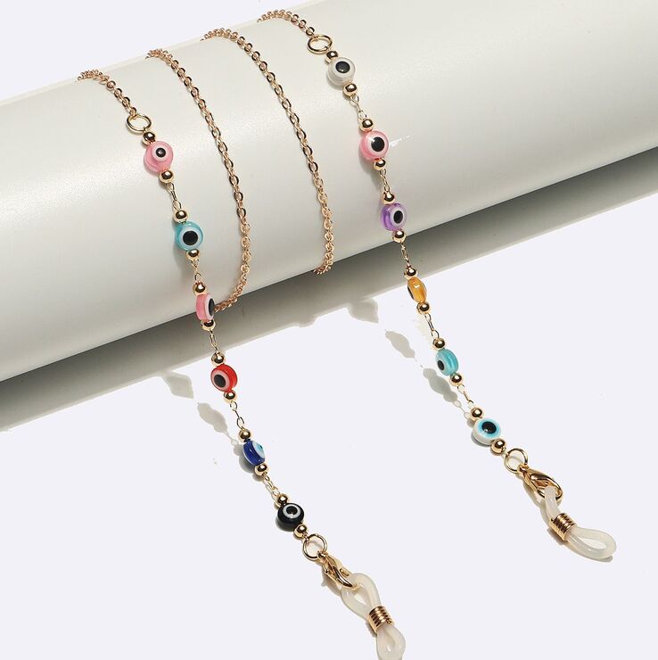 Металлическая нескользящая цепочка золотого цвета, со стеклянымиыми цветными бусинами , для очков и масок GL1703