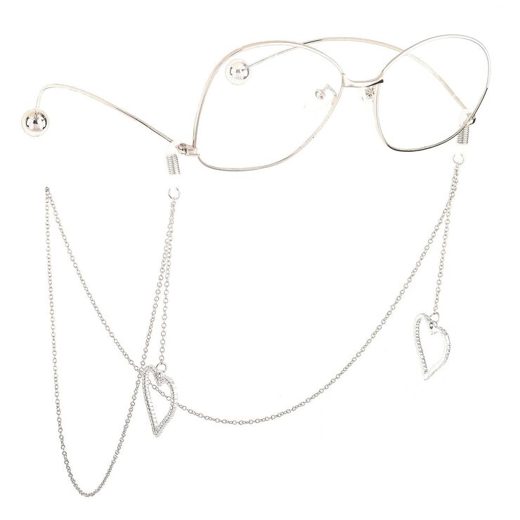 Silver-colored metal non-slip chain, with pendant heart and rhinestones, for glasses and masks GL610