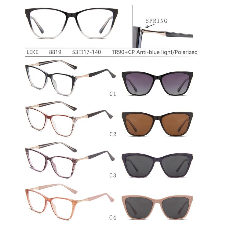 Plastic TR90+CP eyeglasses frame with blue ray cut protection, with spring hinges + sun protection polarized clip-on Leke LK8819