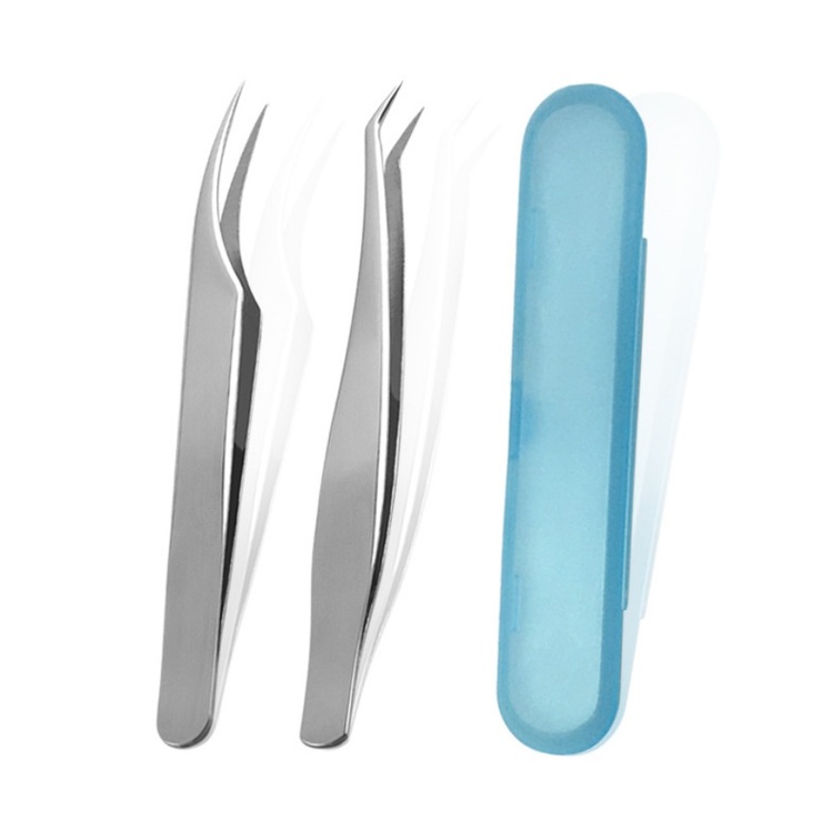 Set of 2 stainless steel tweezers with a plastic case