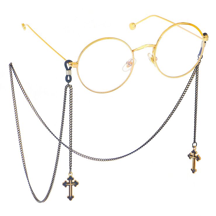 Black-colored metal non-slip chain, with pendant cross, for glasses and masks GL404