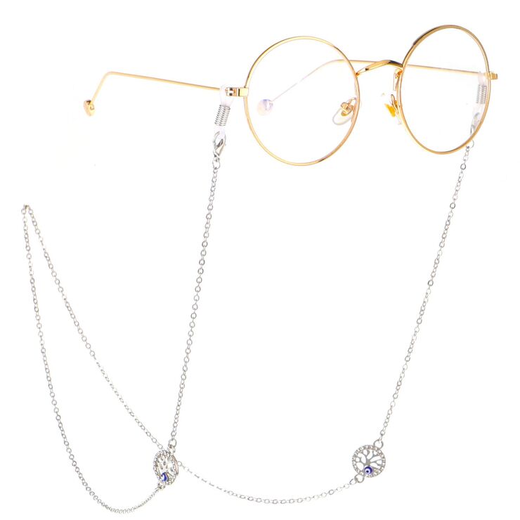 Silver-colored metal non-slip chain, with tree of life and rhinestone, for glasses and masks GL228