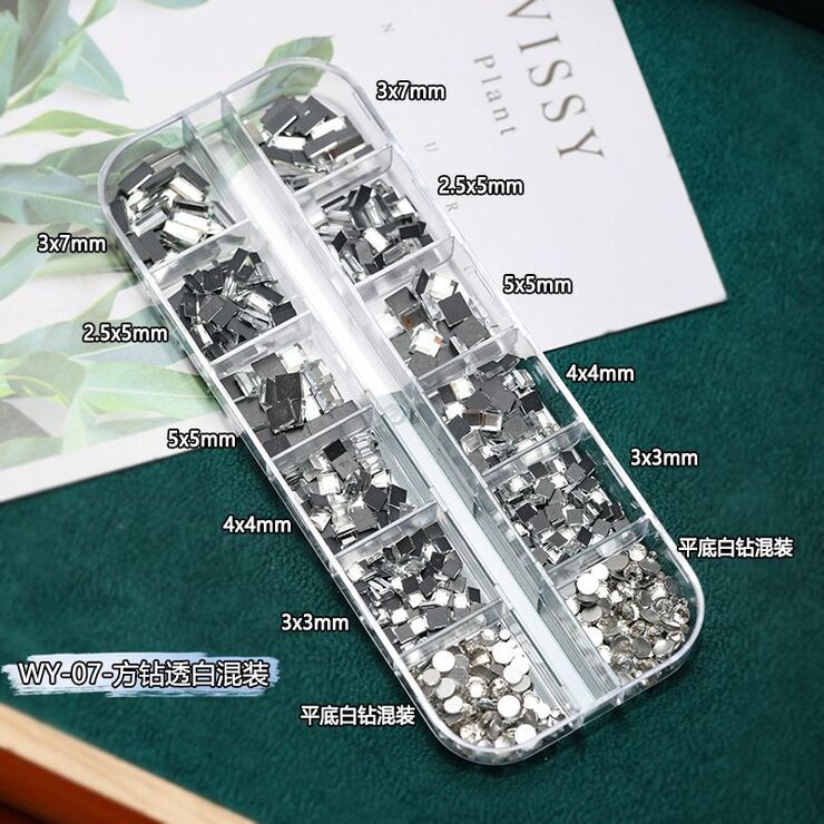 Набор страз с плоским дном для украшения оправ и очков, 12 отсеков WY-07,цена за упаковку, мин. заказ - 3 уп
