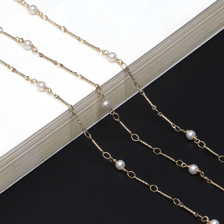 Gold-colored metal non-slip chain, with copper and pearl beads, for glasses and masks GL519