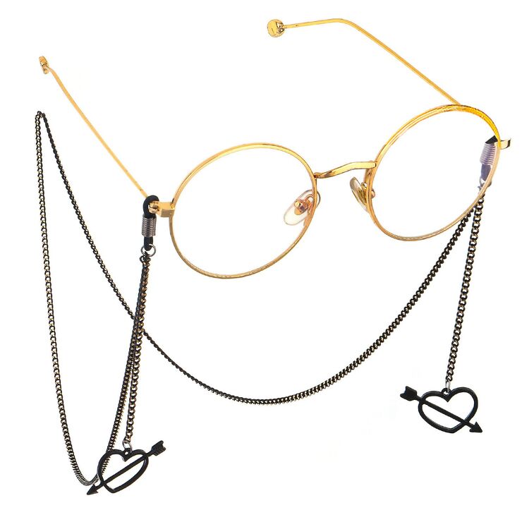 Black-colored metal non-slip chain, with pendant hollow heart-piercing, for glasses and masks GL543