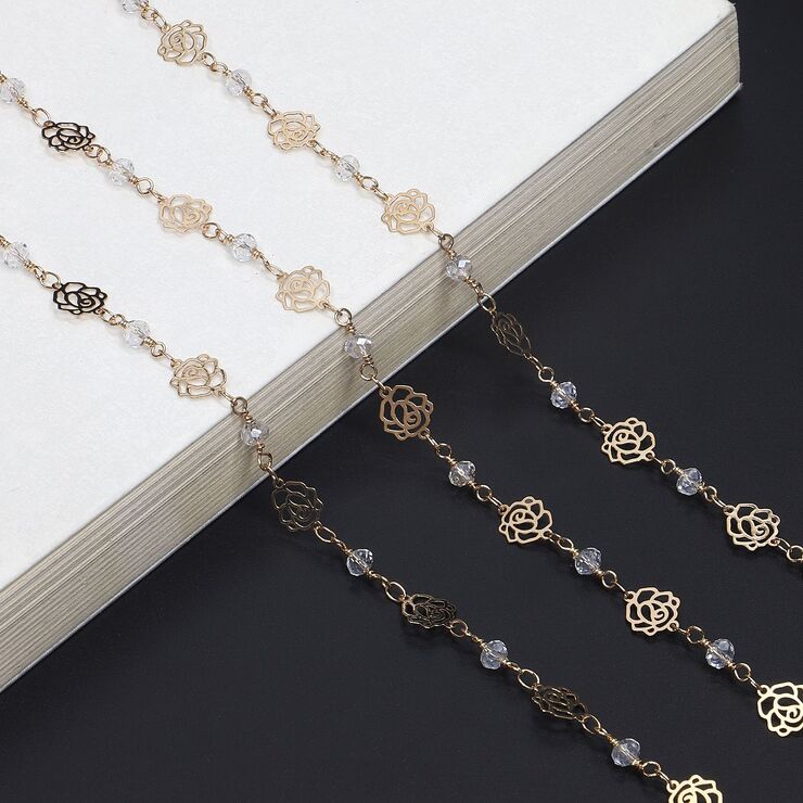 Металлическая нескользящая цепочка золотого цвета, с розами и бусинами, для очков и масок GL691