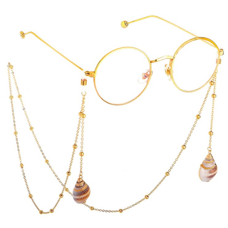 Gold-colored metal non-slip chain, with natural shell and beads, for glasses and masks GL659