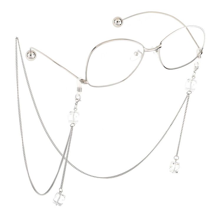 Black-colored metal non-slip chain, with pendant transparent crystal, for glasses and masks GL586